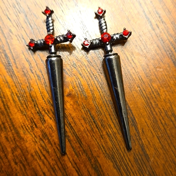 Unisex Gothic Punk Sword Stud Earrings Silver Alloy with Sparkling Red Crystals - Picture 4 of 5